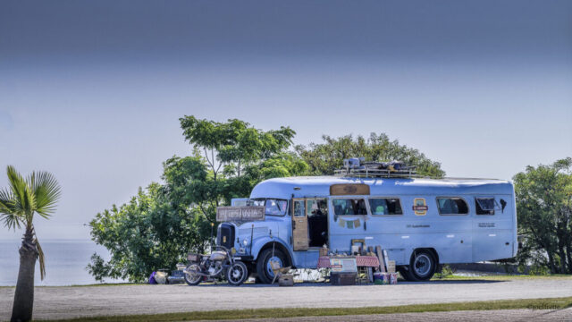 Photographie d'un vieux bus bleu aménagé en atelier d'artisanat ("Artesanias") stationné au bord de l'eau, avec une petite moto à l'avant et un palmier sur le côté.